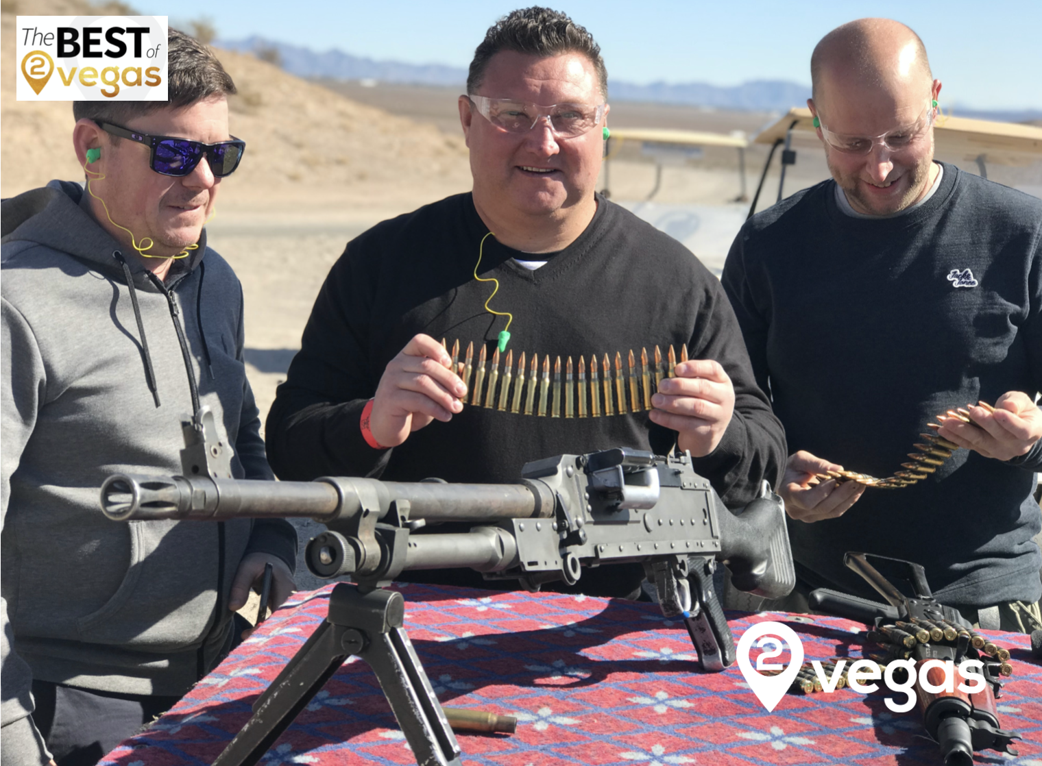Guest shooting the belt fed M60 machine gun with 2Vegas.com in the desert